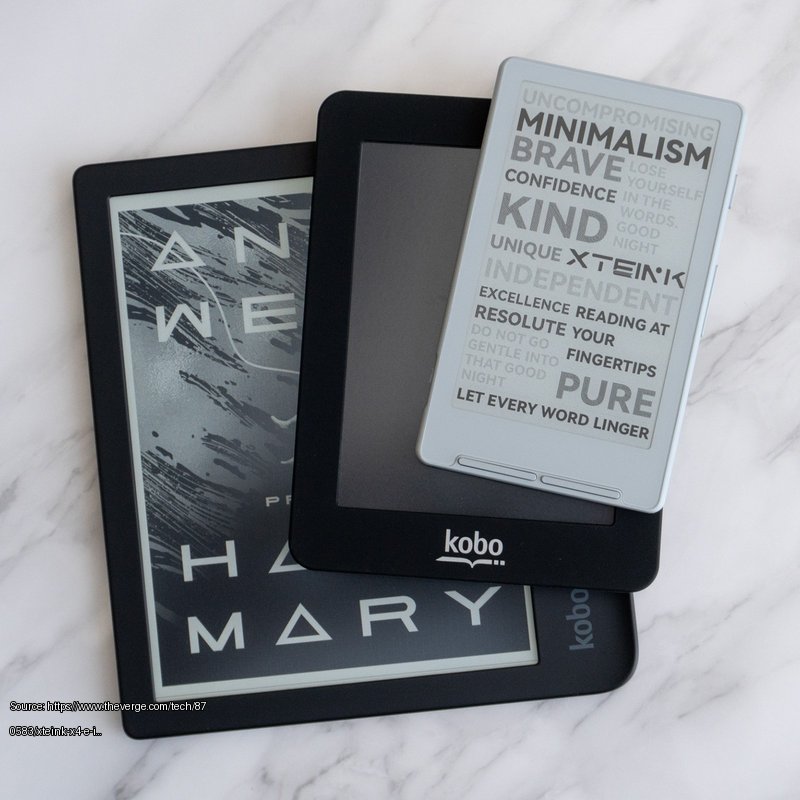 The Xteink X4 e-reader on top of two smaller Kobo e-readers. - Fair use review image from https://www.theverge.com/tech/870583/xteink-x4-e-ink-reader-books-hands-on
