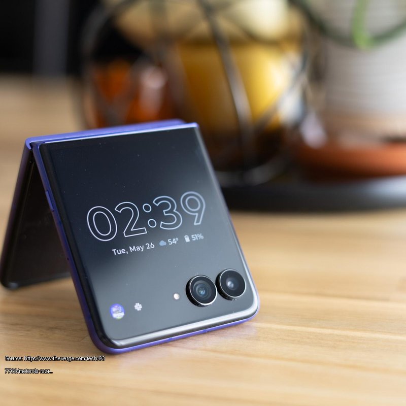 Motorola Razr Ultra 2026 in tent mode on a table - Fair use review image from https://www.theverge.com/tech/937763/motorola-razr-ultra-2026-review-battery-camera