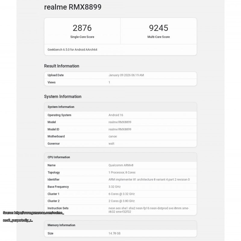 Realme Neo8 purportedly runs Geekbench, confirms its chipset and RAM amount - Fair use review image from https://www.gsmarena.com/realme_neo8_purportedly_runs_geekbench_confirms_its_chipset_and_ram_amount-news-71047.php